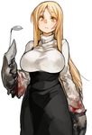  black_skirt blonde_hair blood bloody_clothes breasts character_request copyright_request frown holding ladle large_breasts long_hair long_skirt pincers sachito simple_background skirt solo turtleneck white_background yellow_eyes 