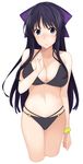  1girl :o bare_shoulders bikini black_bikini black_hair blue_eyes blush bow bracelet breasts cleavage cowboy_shot hair_bow jewelry large_breasts long_hair looking_at_viewer navel ryuuzouji_akane simple_background skindentation solo swimsuit very_long_hair walkure_romanze white_background 