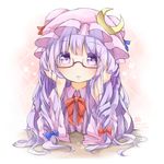  bespectacled blush bow clown_222 crescent crescent_hair_ornament elbow_rest glasses hair_bow hair_ornament hat long_hair open_mouth patchouli_knowledge purple_eyes purple_hair solo touhou very_long_hair 