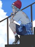  :/ beanie blue_eyes blue_hair casual chin_rest clothes_around_waist cloud day dorothy_west earrings from_side hat highres jewelry okiru plaid plaid_shirt pretty_(series) pripara profile railing shirt shirt_around_waist shoes sitting sketch sky sneakers socks solo stairs striped striped_legwear watch white_legwear wristwatch 