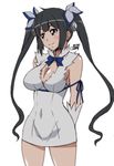  black_hair blue_eyes blue_ribbon breasts cleavage covered_navel dungeon_ni_deai_wo_motomeru_no_wa_machigatteiru_darou_ka gloves hair_ribbon hestia_(danmachi) large_breasts long_hair ponpon rei_no_himo ribbon simple_background solo twintails white_background white_gloves 