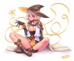  artist_name bare_legs black_gloves boots breasts cape cleavage dress gloves hat indian_style jjune large_breasts original pink_eyes ribbon shirt silver_hair sitting solo witch_hat yellow_dress 