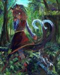  animal_ears bangs bright_pupils brown_hair bush cat cat_ears cat_tail chen dress earrings fang harikona hat high_heels jewelry leaf long_sleeves looking_back mob_cap multiple_tails nekomata oil_painting_(medium) open_mouth outdoors parted_bangs puffy_sleeves red_dress shirt solo tail touhou tree two_tails white_legwear white_shirt yellow_eyes zun_hat 