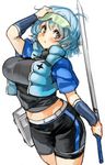  black_shorts blue_hair blush breasts character_request copyright_request cropped_jacket huge_breasts perky_breasts purple_eyes sachito short_hair short_sleeves shorts simple_background solo sword weapon white_background 