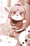  animal_crossing brown_eyes canine dog greyscale isabelle_(animal_crossing) japanese_text kemono mammal monochrome nintendo text translation_request video_games winter winter_clothing 御多＝席 