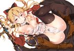  ass black_legwear blonde_hair boot_removed boots breasts brown_footwear cleavage detached_collar detached_sleeves granblue_fantasy hair_ribbon high_heels knee_boots knees_on_chest long_hair looking_at_viewer lying medium_breasts nipples no_bra on_back panties red_eyes ribbon shiny shiny_skin simple_background single_boot smile solo spread_legs sword tachibana_yuu thighhighs underwear vira_lilie weapon white_background white_panties 