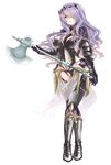  armor armored_boots axe black_armor boots breasts camilla_(fire_emblem_if) fire_emblem fire_emblem_if gauntlets grey_footwear hair_over_one_eye highres knee_boots large_breasts long_hair purple_eyes purple_hair smile solo takeshisu wavy_hair weapon 