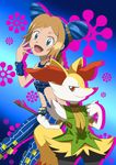  armband blonde_hair blue_background blue_eyes blue_hair braixen cosplay double_bun ermes_costello ermes_costello_(cosplay) gen_6_pokemon gradient gradient_background halter_top halterneck highres jojo_no_kimyou_na_bouken kuujou_jolyne kuujou_jolyne_(cosplay) multicolored_hair navel_piercing piercing pokemon pokemon_(anime) pokemon_(creature) pokemon_(game) pokemon_xy reo_j serena_(pokemon) stick turtleneck two-tone_hair wristband 