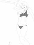  1girl arms_up aroused bangs bare_shoulders blush collarbone eyes_closed hand_through_hair intorsus_volo lineart monochrome open_mouth original panties short_hair sports_bra thighs underwear underwear_only 