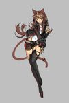 [saw] animal_ears bell black_legwear boots brown_eyes brown_hair cat_ears cat_tail collar covered_navel full_body highres jacket leg_up light_smile long_hair original ribbon short_shorts shorts simple_background sketch sleeves_past_wrists solo tail tail_bell tail_ribbon thigh_boots thighhighs very_long_hair white_background 