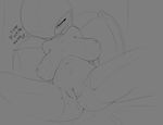  1girl anus bed breasts cum cum_on_body gardevoir gloves large_breasts legs monochrome naughty_face nipples nude pillow pokemon pussy sketch smile spread_legs sweat the_boogie uncensored 