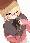  1girl absurdres artist_name bag beret black_shirt blonde_hair blush breasts cardigan english_commentary eyelashes fuzuki_miki fuzuki_miki_(2nd_costume) glasses green_eyes green_hair green_nails handbag hat hdukl highres indie_virtual_youtuber looking_at_viewer medium_breasts medium_hair mole mole_under_eye multicolored_hair off_shoulder one_eye_closed open_cardigan open_clothes parted_lips pink-framed_eyewear pink_cardigan shirt short_twintails signature simple_background sleeves_past_wrists solo streaked_hair sweatdrop twintails virtual_youtuber white_background 