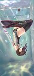  absurdres air_bubble ass black_legwear breath brown_eyes brown_hair bubble competition_swimsuit diving elbow_gloves flat_chest flippers freediving gloves headgear highres holding_breath kantai_collection one-piece_swimsuit pool satou_daiji short_hair solo swimming swimsuit taihou_(kantai_collection) thighhighs underwater underwear upside-down water white_gloves 