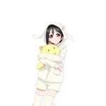  animal_hood black_hair hood love_live! love_live!_school_idol_project non-web_source official_art red_eyes sleepwear smile solo stuffed_toy thighhighs transparent_background yazawa_nico 