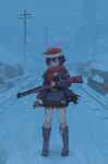  1girl 39iax bag bag_charm black_skirt blue_archive boots charm_(object) christmas commentary_request detonator fabarm_fp6 fog full_body fur-trimmed_headwear fur_trim gun hair_ornament hairclip halo haruka_(blue_archive) hat highres holding_detonator jacket juliet_sleeves knee_boots lace-up_boots long_sleeves medium_hair miniskirt outdoors power_lines puffy_sleeves pump_action purple_boots purple_eyes purple_hair purple_jacket red_hat red_scarf road santa_hat scarf shotgun skirt snow snowing solo standing street utility_pole weapon wire 