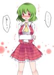  1girl arm_behind_back bad_id bad_pixiv_id blush breast_hold breasts commentary dress_shirt green_hair hammer_(sunset_beach) hand_on_own_arm have_to_pee kazami_yuuka large_breasts looking_at_viewer open_mouth plaid plaid_skirt plaid_vest red_eyes shirt short_hair skirt solo spoken_ellipsis touhou translated vest 