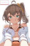  1girl absurdres ahoge blue_eyes bra breasts brown_hair closed_mouth highres hololive looking_at_viewer medium_hair natsuiro_matsuri natsuiro_matsuri_(matsuri's_day_off) official_alternate_costume one_side_up panties scrunchie shirt small_breasts smile solo tazrn1 tongue tongue_out underwear virtual_youtuber white_shirt yellow_bra yellow_panties yellow_scrunchie 