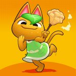 1girl angusburgers animal_crossing animal_ears cat cat_ears cat_tail claws commentary dress dust duster english_commentary food food-themed_creature fruit green_dress highres holding holding_duster leaf leaf_on_head orange_(fruit) orange_background orange_fur tail tangy_(animal_crossing) 