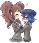  blue_hair blush breast_press brown_hair closed_eyes hat heart kujikawa_rise mahoxyshoujo multiple_girls persona persona_4 shirogane_naoto yuri 