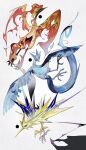  animal_focus articuno beak bird fiery_hair fiery_wings fire flame-tipped_tail highres kamikiririp moltres no_humans pokemon pokemon_(creature) tail talons wings zapdos 
