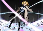  absurdres ayase_eli black_legwear blonde_hair blue_eyes bow bowtie chikkinage_nage coat garter_straps gloves hair_between_eyes highres light_rays looking_at_viewer love_live! love_live!_school_idol_project magic_circle magician ponytail skirt solo thighhighs underbust 