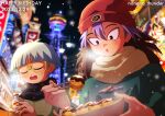  2boys :o artist_name blue_hair bottle bowl_cut brown_hair chopsticks closed_eyes commentary_request dated dinosaur_ryuzaki food glasses hair_between_eyes happy_birthday hat holding holding_bottle holding_chopsticks insector_haga long_hair male_focus multicolored_hair multiple_boys nanano_thunder open_mouth purple_hair red_hat round_eyewear scarf short_hair two-tone_hair upper_body yu-gi-oh! yu-gi-oh!_duel_monsters 