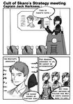  4girls comic dalek dalek_sec doctor_who eyepatch green_hair highres jack_harkness maid monochrome multiple_girls personification short_hair teeth 