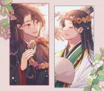  2boys adam's_apple backlighting berry black_hair black_hanfu black_nails blurry blurry_background blush border branch brown_hair cherry_blossoms chinese_clothes closed_eyes couple curtained_hair flower flower_symbol folding_fan green_border green_flower green_hanfu hair_between_eyes half_updo hand_fan hand_on_another's_cheek hand_on_another's_face hanfu head_wreath kongbbang_d light_particles long_sleeves looking_at_another luo_binghe multiple_boys open_mouth parted_bangs pink_border pink_flower ponytail red_border red_eyes renzha_fanpai_zijiu_xitong robe scar scar_on_hand shen_qingqiu watermark white_robe wide_sleeves xiao_guan_(headdress) yaoi yellow_flower zuiyin 