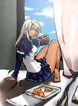  alternate_costume barefoot breasts cheese_trail commentary_request cryolite dark_skin eating food guilty_gear guilty_gear_xrd holding_pizza long_hair looking_at_viewer medium_breasts on_bed orange_eyes pizza ramlethal_valentine school_uniform silver_hair sitting skirt soles solo 