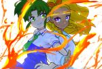  2girls amamiya_elena big_hair blonde_hair blue_eyes blue_sailor_collar blue_shirt blue_trim bow_hairband braid collared_shirt crossover dark-skinned_female dark_skin ei_(eikun) fire green_eyes green_hair green_necktie hair_pulled_back hairband in-franchise_crossover locked_arms looking_at_another middle_part midorikawa_nao mihoshi_middle_school_uniform multiple_girls nanairogaoka_middle_school_uniform necktie orange_hairband parted_bangs ponytail precure sailor_collar school_uniform serafuku shirt sidelocks simple_background sleeve_cuffs smile smile_precure! star_twinkle_precure tan twin_braids two-tone_shirt white_background white_serafuku white_shirt 