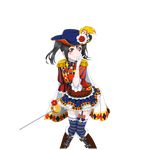  black_hair cape garter_straps gloves hat looking_at_viewer love_live! love_live!_school_idol_project musketeer non-web_source official_art rapier red_eyes smile solo striped striped_legwear sword thighhighs transparent_background twintails weapon white_gloves yazawa_nico 