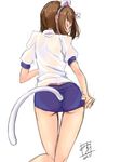  adjusting_buruma adjusting_clothes animal_ears ass brown_hair buruma cat_ears cat_tail dated fake_animal_ears from_behind gym_uniform highres idolmaster idolmaster_cinderella_girls maekawa_miku mistrail shirt short_sleeves signature sketch solo t-shirt tail tail_through_clothes 