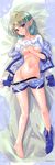  absurdres aoi_umi_no_tristia barefoot bed_sheet belt boots breasts company_name dakimakura fingerless_gloves forehead_jewel from_above full_body gloves green_hair head_tilt highres huge_filesize jacket komatsu_eiji looking_at_viewer lying medium_breasts no_bra no_panties off_shoulder on_back open_clothes open_jacket open_shorts pointy_ears purple_eyes rafale_(aoi_umi_no_tristia) scan shirt shirt_lift short_shorts short_sleeves shorts single_boot single_glove solo t-shirt underboob 