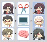  1girl 3boys ahoge alter_ego_(danganronpa) black_hair braid brain brown_hair collared_shirt computer danganronpa_(series) danganronpa_2:_goodbye_despair fukawa_toko gakuran genocider_shou glasses green_necktie grin harumina_mau highres hinata_hajime ishimaru_kiyotaka jacket kamukura_izuru laptop long_hair long_tongue multiple_boys necktie red_eyes round_eyewear school_uniform scissors shirt short_hair smile spoilers teeth tongue tongue_out twin_braids twintails white_hair white_jacket 