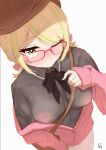  1girl absurdres artist_name bag beret black_shirt blonde_hair blush breasts cardigan english_commentary eyelashes fuzuki_miki fuzuki_miki_(2nd_costume) glasses green_eyes green_hair green_nails handbag hat hdukl highres indie_virtual_youtuber looking_at_viewer medium_breasts medium_hair mole mole_under_eye multicolored_hair nipples no_bra off_shoulder one_eye_closed open_cardigan open_clothes pink-framed_eyewear pink_cardigan pursed_lips see-through_clothes shirt short_twintails signature simple_background sleeves_past_wrists solo streaked_hair sweatdrop twintails virtual_youtuber white_background 