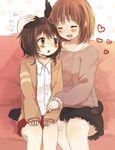  animal_ears black_hair blush brown_hair closed_eyes fang foomi heart hug multiple_girls open_mouth original parted_lips petting short_hair skirt tail yuri 