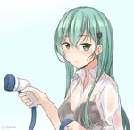  black_bra blue_background bra breasts collared_shirt gradient gradient_background green_eyes green_hair hair_ornament hairclip holding hose ido_(teketeke) kantai_collection lace lace-trimmed_bra long_hair looking_at_viewer looking_to_the_side see-through shirt small_breasts solo suzuya_(kantai_collection) twitter_username underwear wet wet_clothes wet_shirt white_shirt 