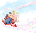  1boy 1girl black_hair blonde_hair blue_sky commentary_request day dress drill floating_hair flying full_body lagann looking_at_viewer machinery mecha nia_teppelin pink_dress pink_shoes revision robot sachiko88 shoes simon_(ttgl) sitting sky tengen_toppa_gurren_lagann 
