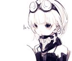  bangs brown brown_eyes character_request copyright_request gas_mask goggles goggles_on_head looking_down looking_to_the_side monochrome pale_color riuichi sidelocks simple_background sketch solo upper_body white white_background white_hair 