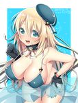  2015 :d adapted_costume atago_(kantai_collection) bikini black_gloves blonde_hair blush breasts dated eyebrows_visible_through_hair gloves hand_on_hip hat hattori_masaki kantai_collection large_breasts long_hair looking_at_viewer open_mouth sarong smile solo strap_gap swimsuit thigh_gap 