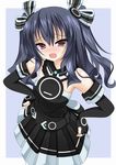  ahhien black_hair blush breasts elbow_gloves gloves hair_ornament hair_ribbon hands_on_hips highres looking_at_viewer neptune_(series) red_eyes ribbon small_breasts solo two_side_up uni_(choujigen_game_neptune) 
