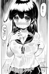  artist_name blush breasts cleavage danbo_(rock_clime) greyscale highres kantai_collection large_breasts long_hair looking_at_viewer monochrome neckerchief school_uniform serafuku shirt short_sleeves skirt smile solo translated ushio_(kantai_collection) wet wet_clothes wet_shirt 