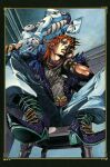  1boy araki_hirohiko belt bone boots bracelet dio_brando ear_piercing feathers hand_on_own_face highres jewelry jojo_no_kimyou_na_bouken nail_polish official_art orange_hair piercing pointed_footwear stand_(jojo) stardust_crusaders teeth the_world_(stand) upper_teeth_only 