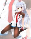  arm_support bangs black_legwear blunt_bangs blush brown_eyes gloves hair_ribbon highres kantai_collection long_hair looking_at_viewer murakumo_(kantai_collection) necktie panties panties_under_pantyhose pantyhose pantyshot remodel_(kantai_collection) ribbon silver_hair solo thighband_pantyhose touyama_eight tress_ribbon underwear zoom_layer 