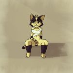  2015 animal_crossing ankha_(animal_crossing) anthro bandage blue_hair blush bottomless brown_eyes cat clothed clothing convenient_censorship erijt feline female fur hair looking_aside mammal nintendo simple_background sitting smile solo spread_legs spreading striped_tail stripes tail_censorship video_games yellow_fur 