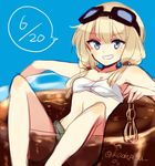  blonde_hair blue_eyes bottle carla_j_luksic cup dated goggles goggles_on_head grin in_container in_cup kodamari long_hair low_twintails midriff noble_witches smile solo twintails twitter_username world_witches_series 
