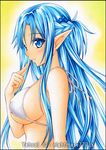  artist_name asuna_(sao) asuna_(sao-alo) bikini blue_eyes blue_hair blush breasts colored_eyelashes covered_nipples elf finger_to_face large_breasts long_hair marker_(medium) nightmare77zx parted_lips pointy_ears shiny shiny_hair skindentation solo swimsuit sword_art_online traditional_media white_bikini 