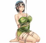  arms_behind_back bangs bare_legs bare_shoulders barefoot bdsm beret black_hair blunt_bangs bondage bound bound_arms breasts collarbone commentary_request frogtie full_body hat kantai_collection large_breasts leaf leaf_clothing looking_at_viewer pouring red_eyes rope sailex seiza short_hair sidelocks simple_background sitting solo takao_(kantai_collection) thighs tied_up wavy_mouth white_background 