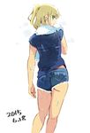  ass back blonde_hair denim denim_shorts flat_ass from_behind highres kuro293939_(rasberry) looking_back shirt shorts solo t-shirt towel towel_around_neck 