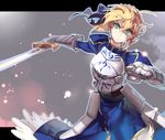  artoria_pendragon_(all) blonde_hair bow breastplate dress ege_(597100016) excalibur fate/stay_night fate_(series) gauntlets green_eyes hair_bow highres letterboxed saber solo sword weapon 